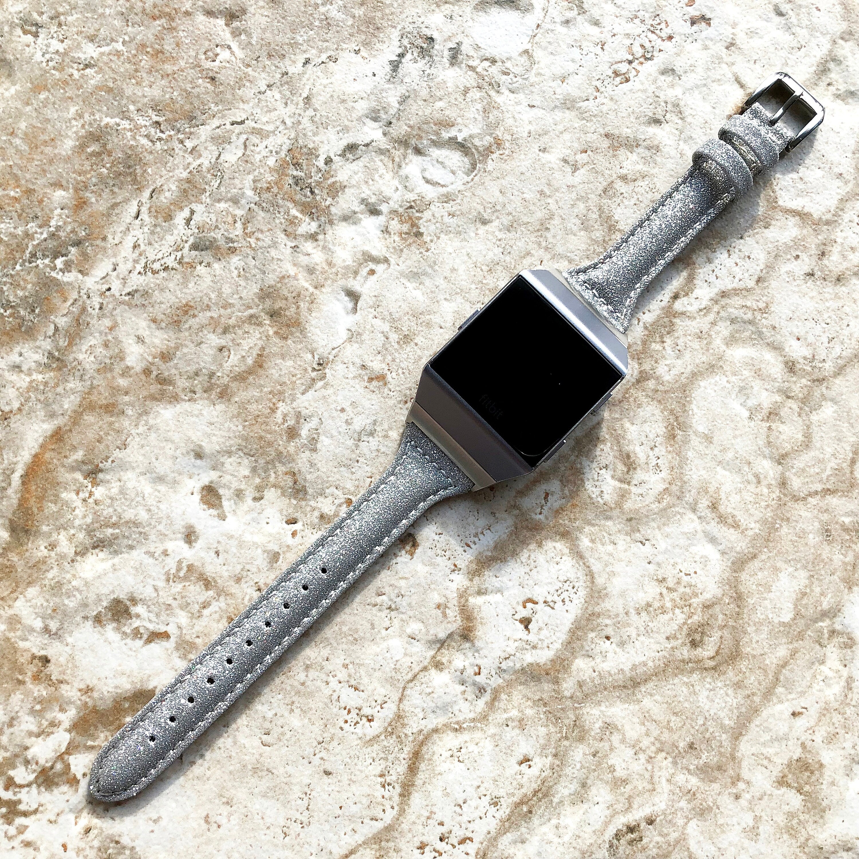 Fitbit Ionic Silver Sparkling Glitter Slim Elegant Soft Leather Band Strap Bracelet for Smartwatch Quick Adapters in Silver Rose Gold Black